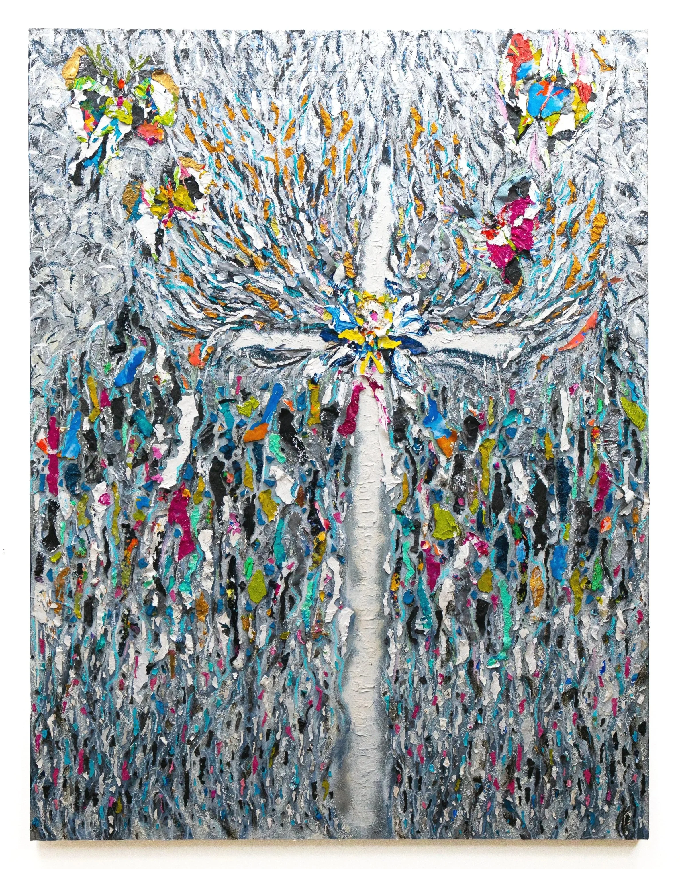 El Paso, 2019–2021. Acrylic, paint skins, and oil on board. 48 × 24 in 