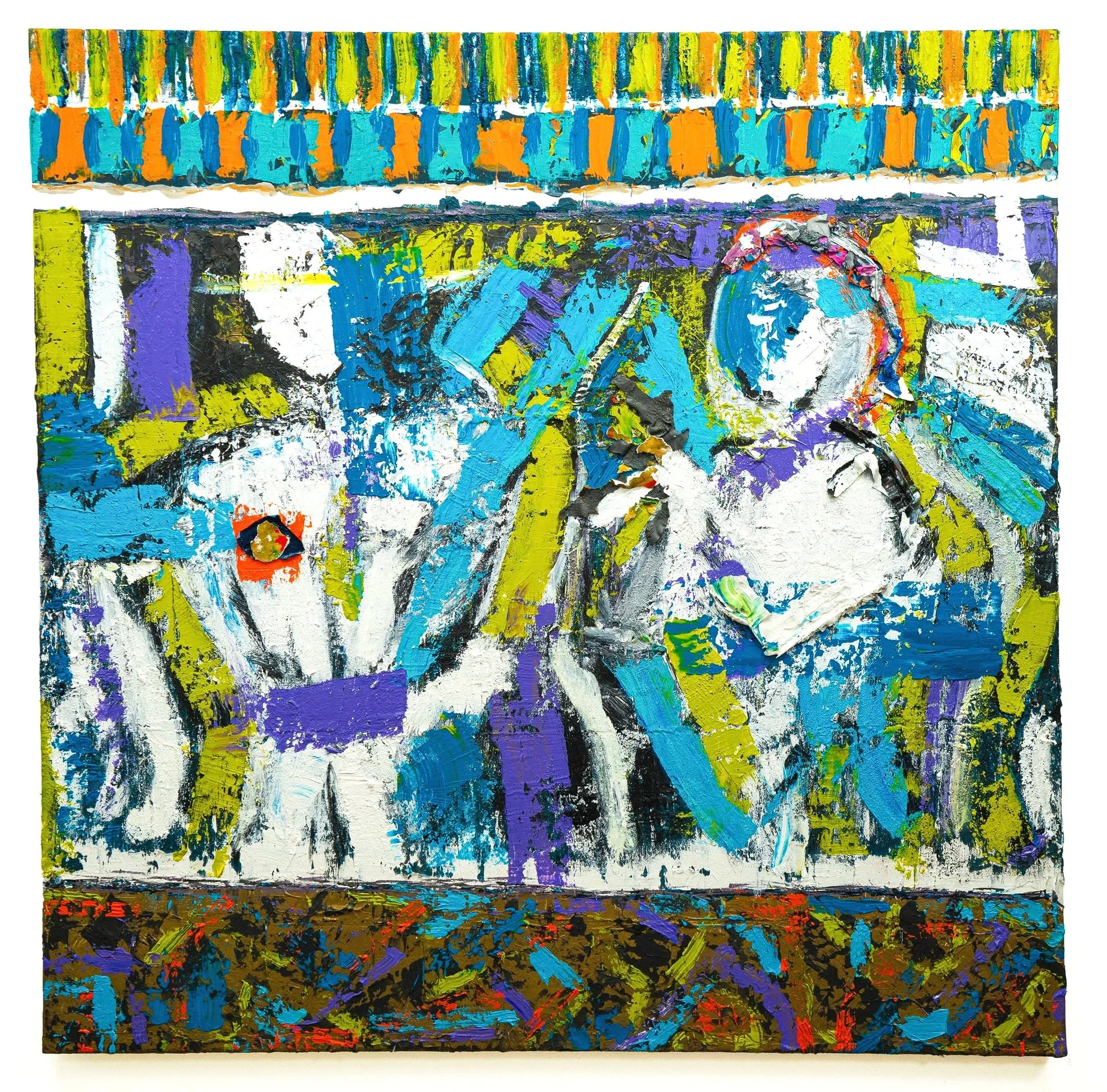 On the Road, 2021–2023. Acrylic, paint skins, and oil on canvas. 60 × 54 in 