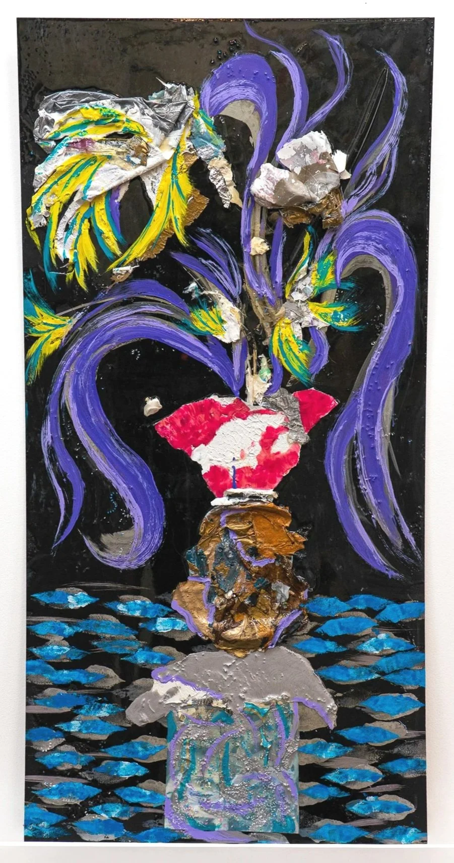 Magdelena, 2023–2024. Acrylic, paint skins, and oil on board. 48 × 24 in 