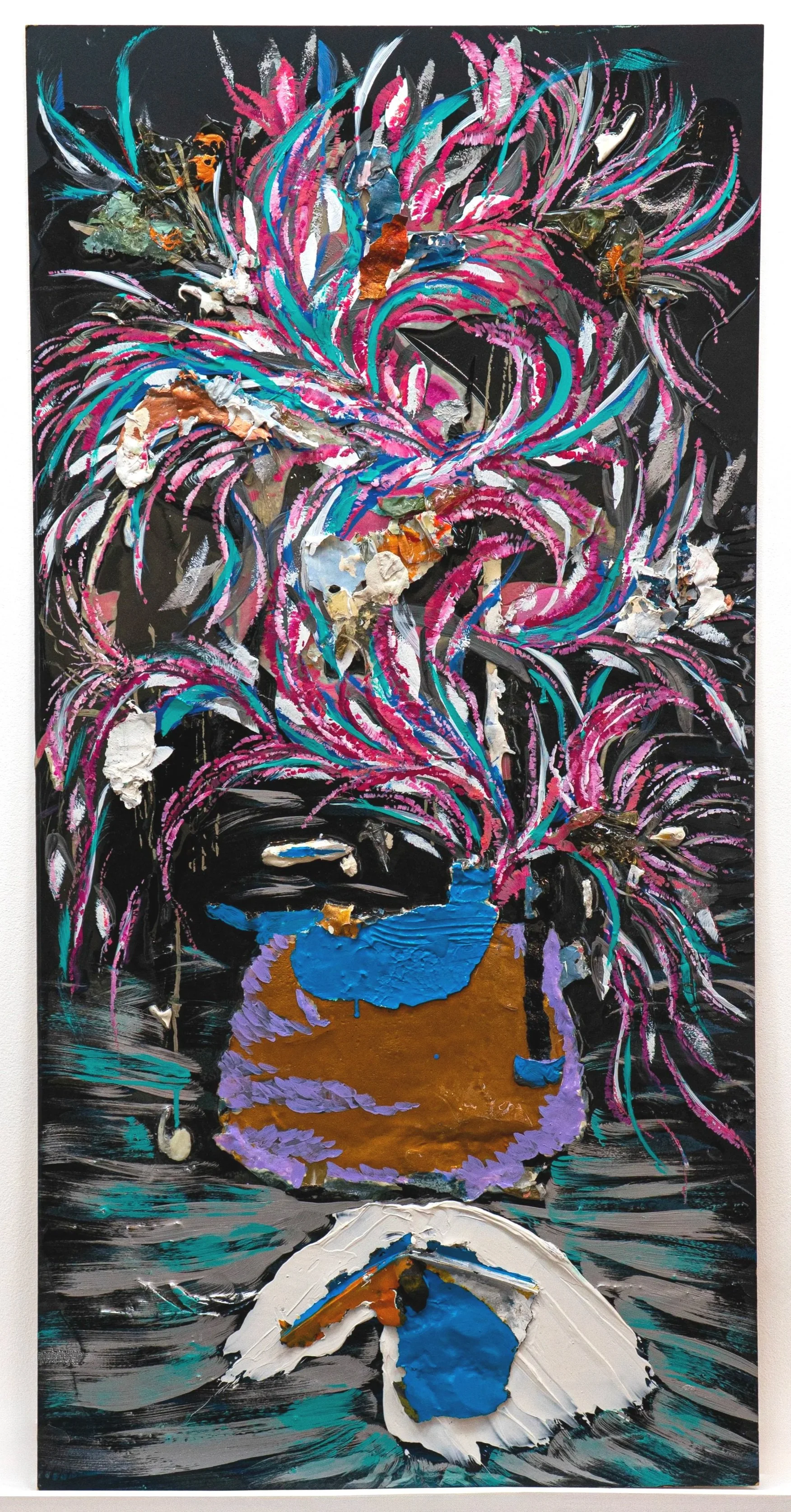 Anna, 2022. Acrylic, paint skins, and oil on board. 48 × 24 in 