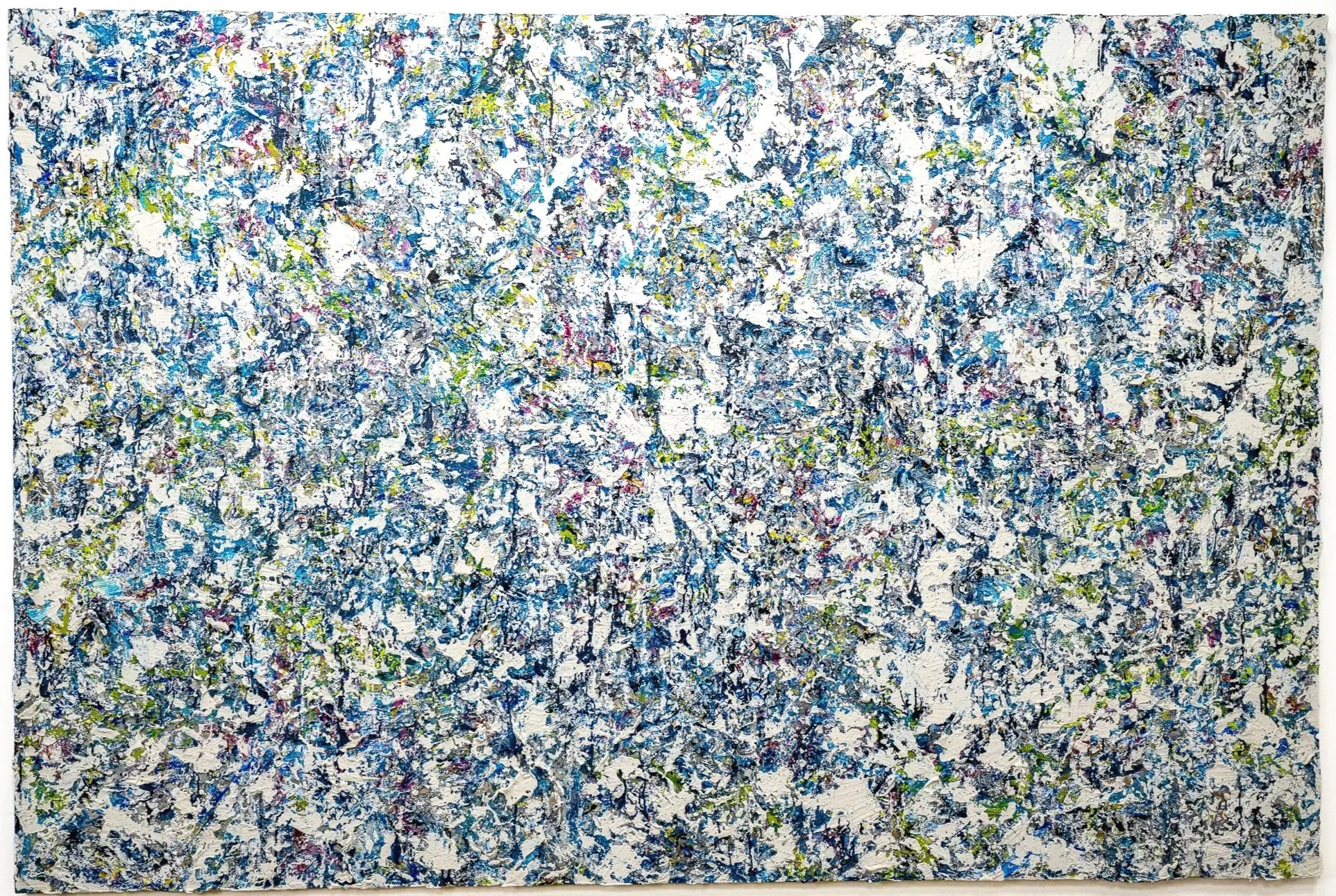 Ladies in Blue, 2017–2019. Acrylic, mixed media, and oil on canvas mounted on board. 89 × 115 in 