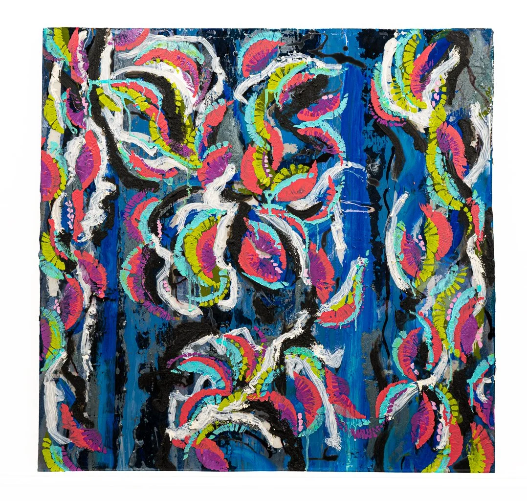 Mind Garden V, 2021. Acrylic, mixed media, resin, and oil on board. 23.5 × 24 in 