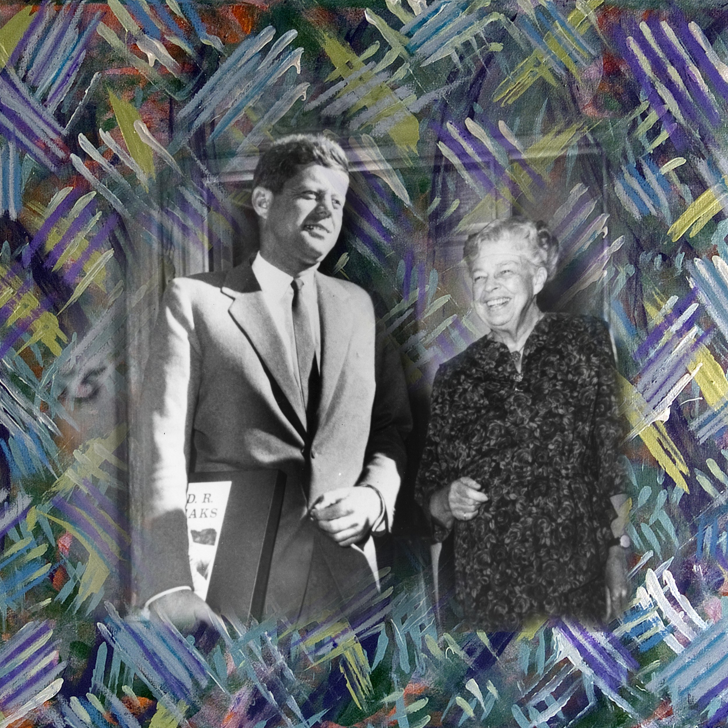 A black and white photo of a man and a woman standing outdoors, both smiling. The man is wearing a suit and holding a book, while the woman is dressed in a patterned dress.