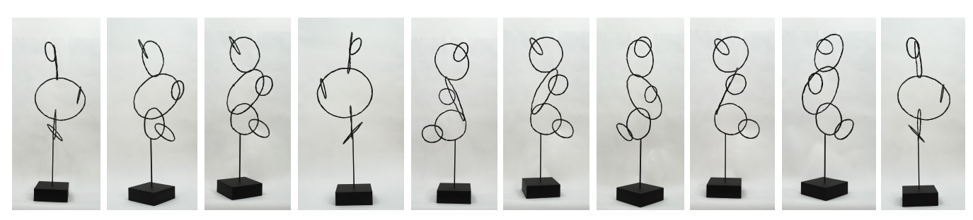 Series of ten abstract wire sculptures mounted on black bases, with loops and curves in black wire.