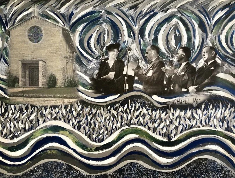 Chapel in the Woods. Mixed media photo collage on canvas. 38 × 42 in 