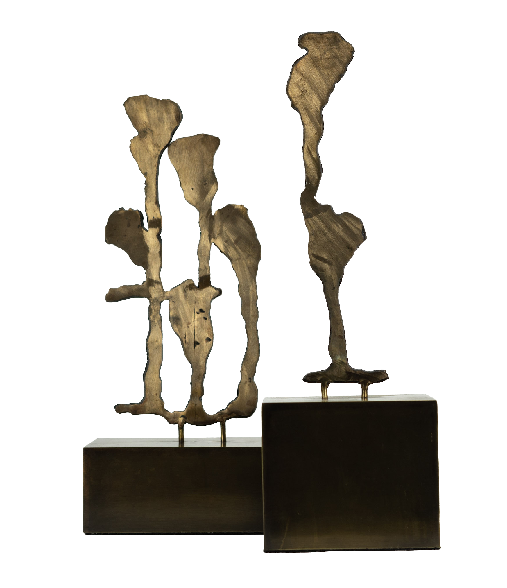 Artistic sculpture with abstract metal forms mounted on black bases.