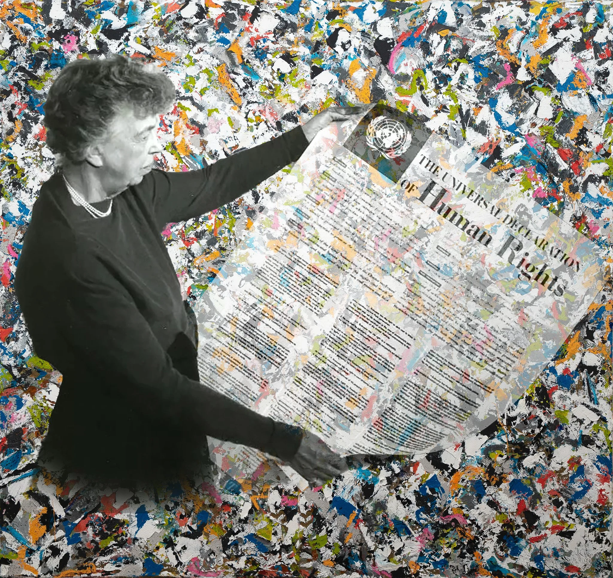 An older woman with short curly hair, dressed in black, is holding a large printed document titled "The Universal Declaration of Human Rights" against a colorful, abstract splatter art background.
