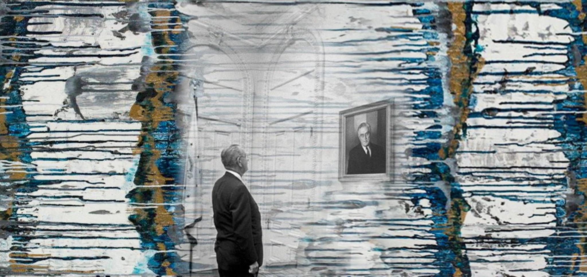 A man in a suit standing and observing a black and white portrait of another man on a wall in an art gallery, with abstract textured striping overlaid on the image.