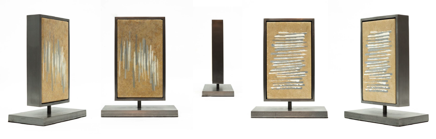 Five modern art sculptures with rectangular frames, abstract textured surfaces, and bases, arranged in a row against a white background.
