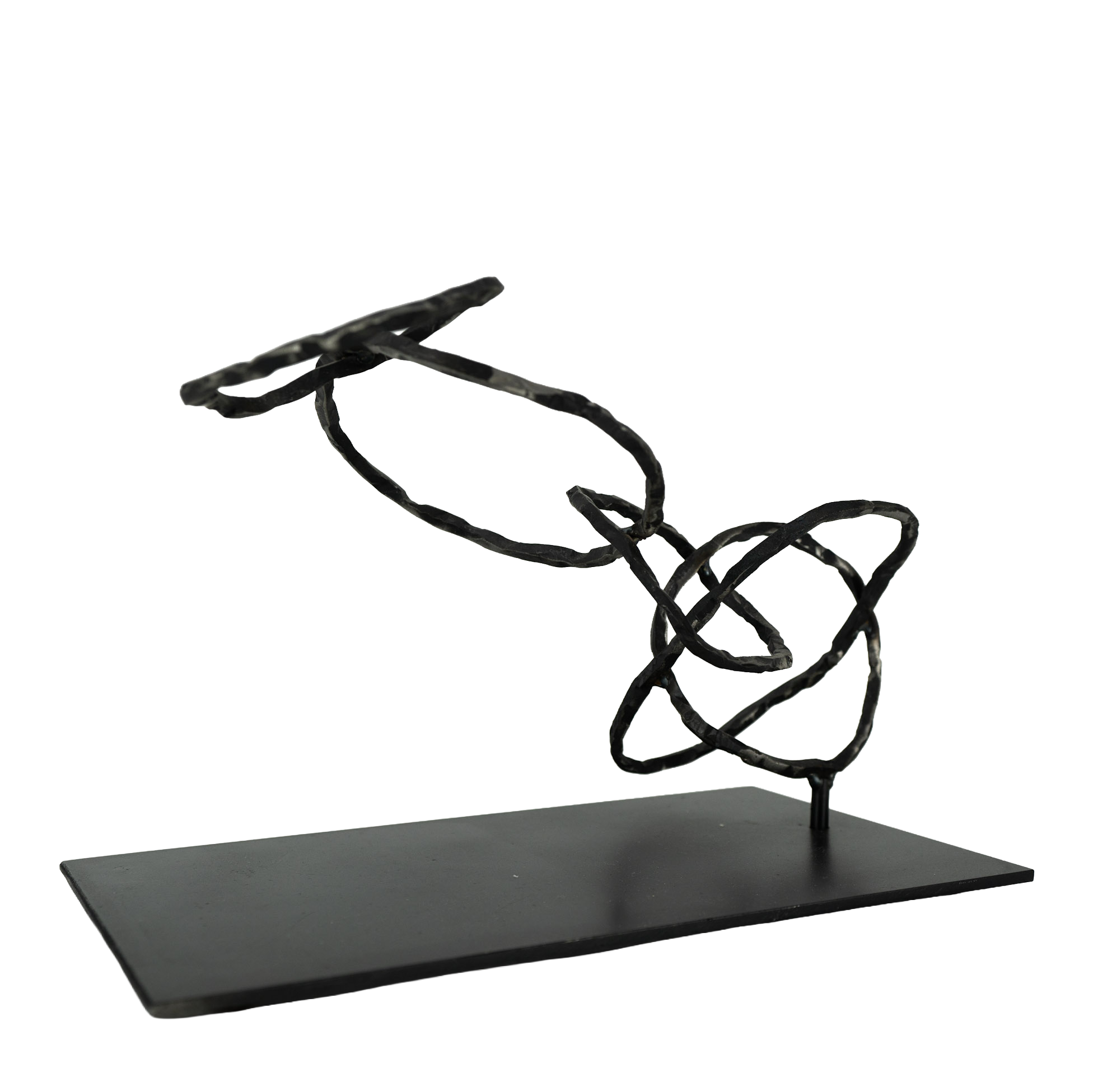 Black metal sculpture of intertwined loops and a flat horizontal bar, mounted on a rectangular black base.