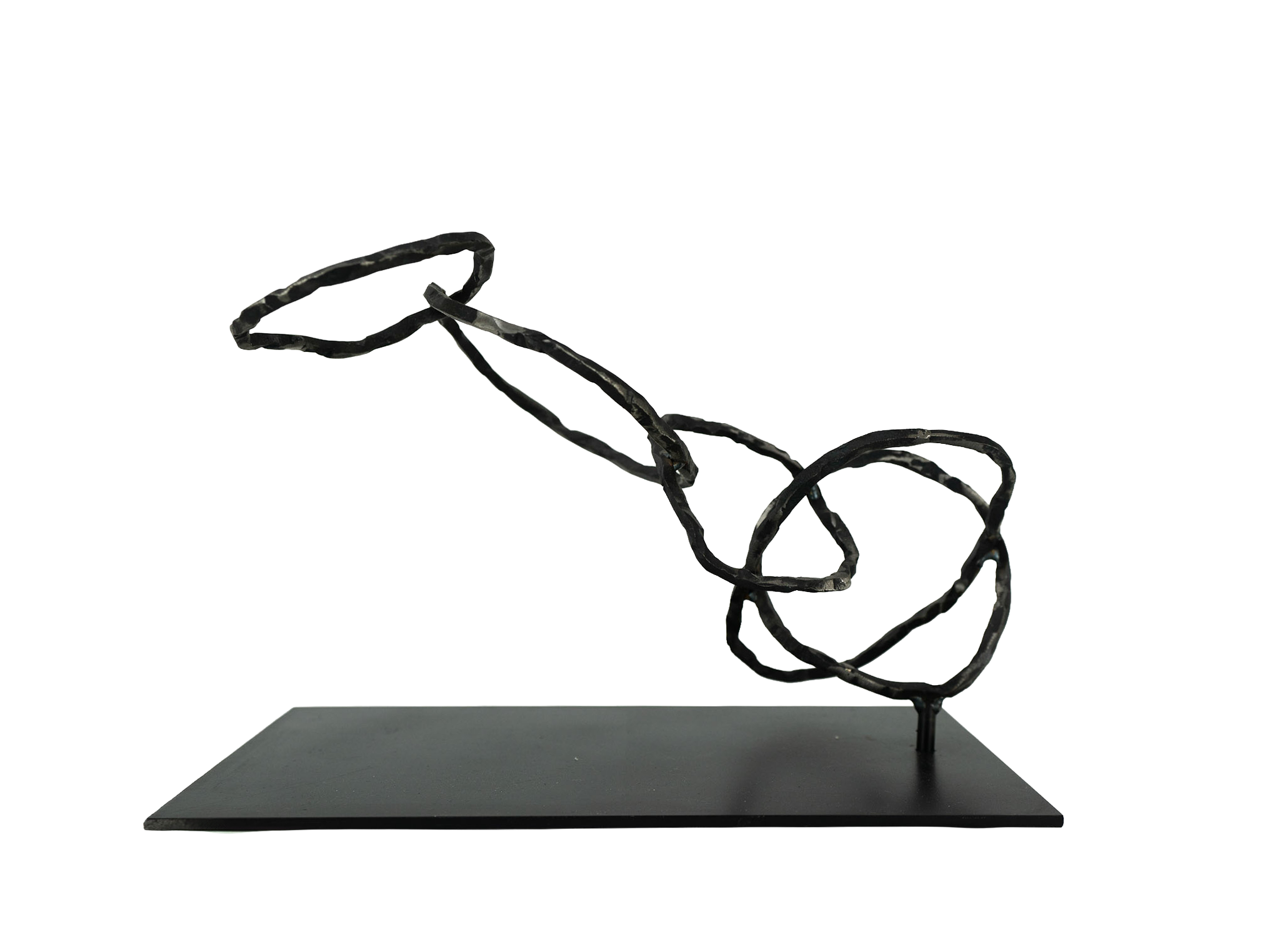 Abstract black sculpture with twisted loops on a black rectangular base