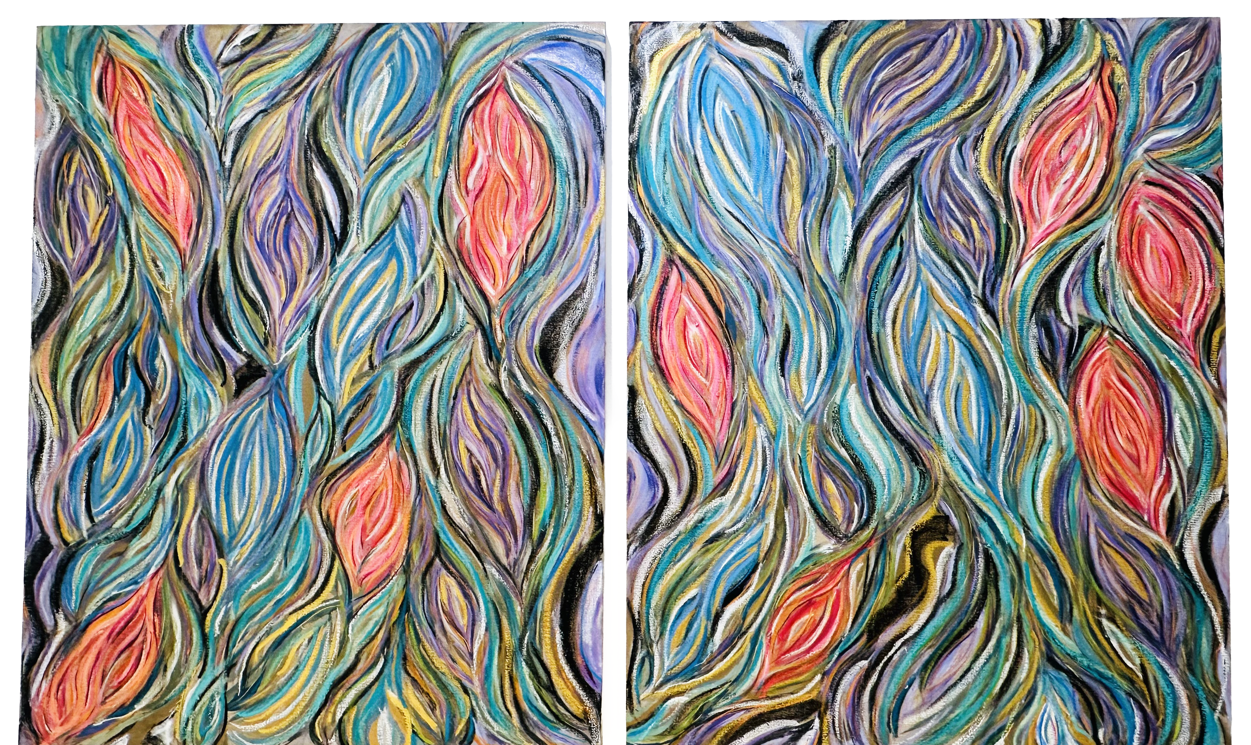 Sirens III & IV, 2023–2025. Pastel, charcoal, acrylic, oil, and oil stick on linen. 50 × 60 in