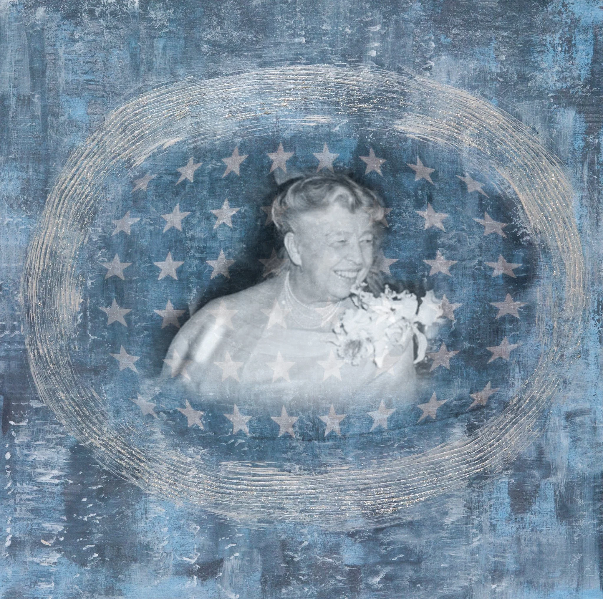Artwork of a vintage black and white photograph of an elderly woman smiling while holding flowers in her mouth, surrounded by a circular pattern of stars on a textured blue background.