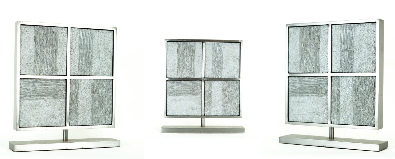 Decorative panels with framed glass inserts, standing on bases, arranged in a sequence against a white background.