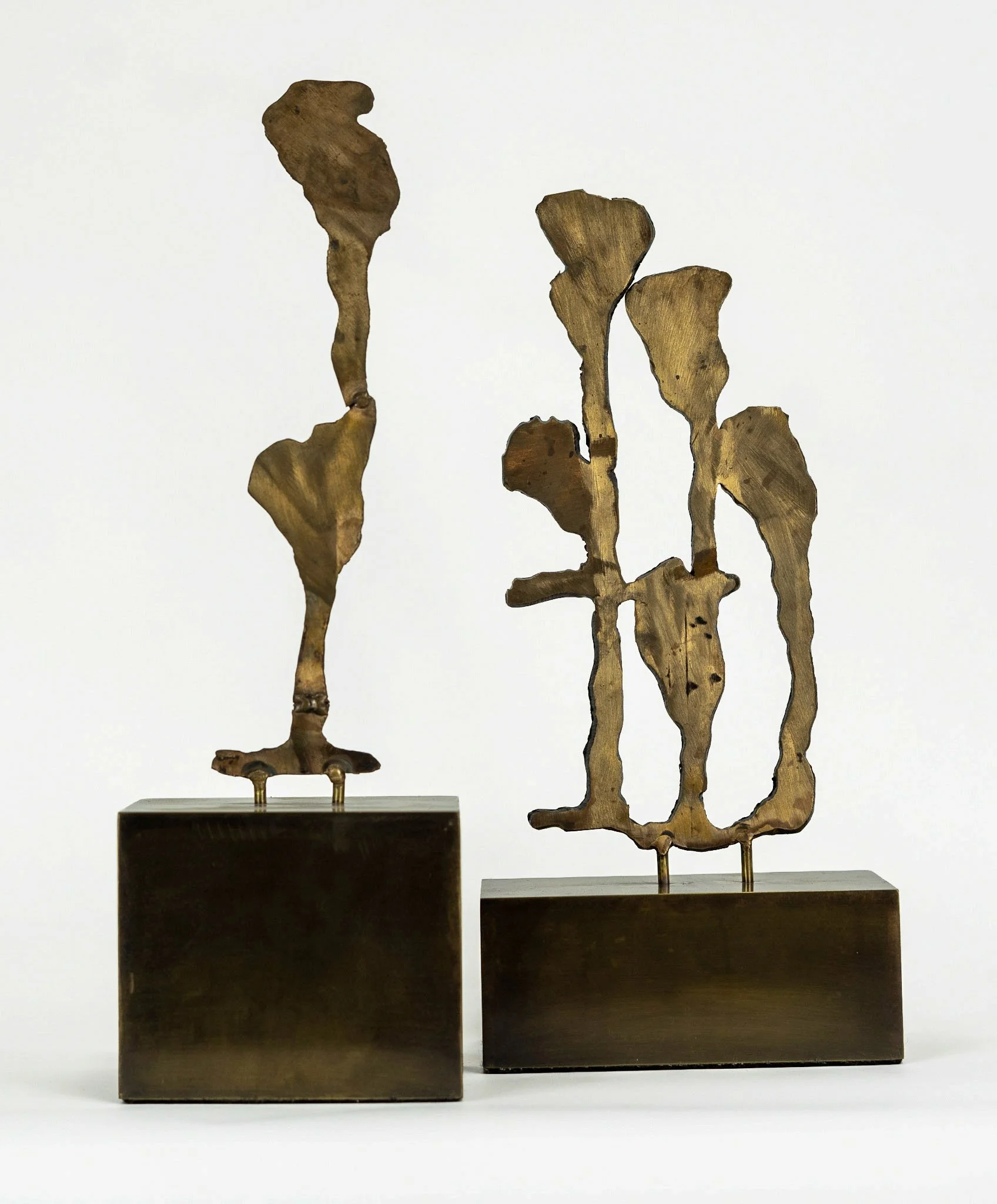 Two abstract wooden sculptures mounted on dark rectangular bases, with irregular shapes and textured surfaces, set against a plain white background.