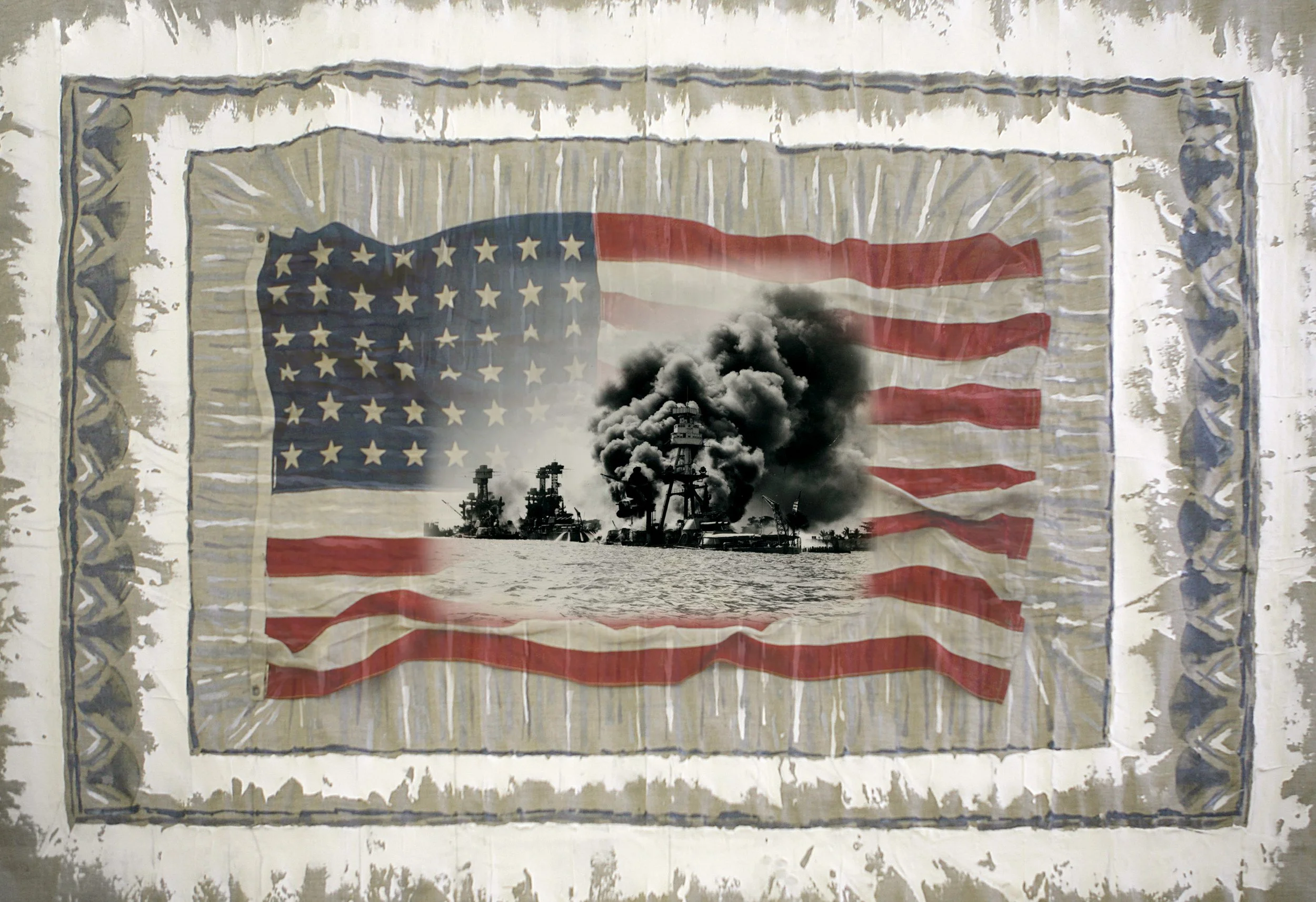 The Sinking of the USS Arizona, 1941. Mixed media photo collage on canvas. 40 × 52 in