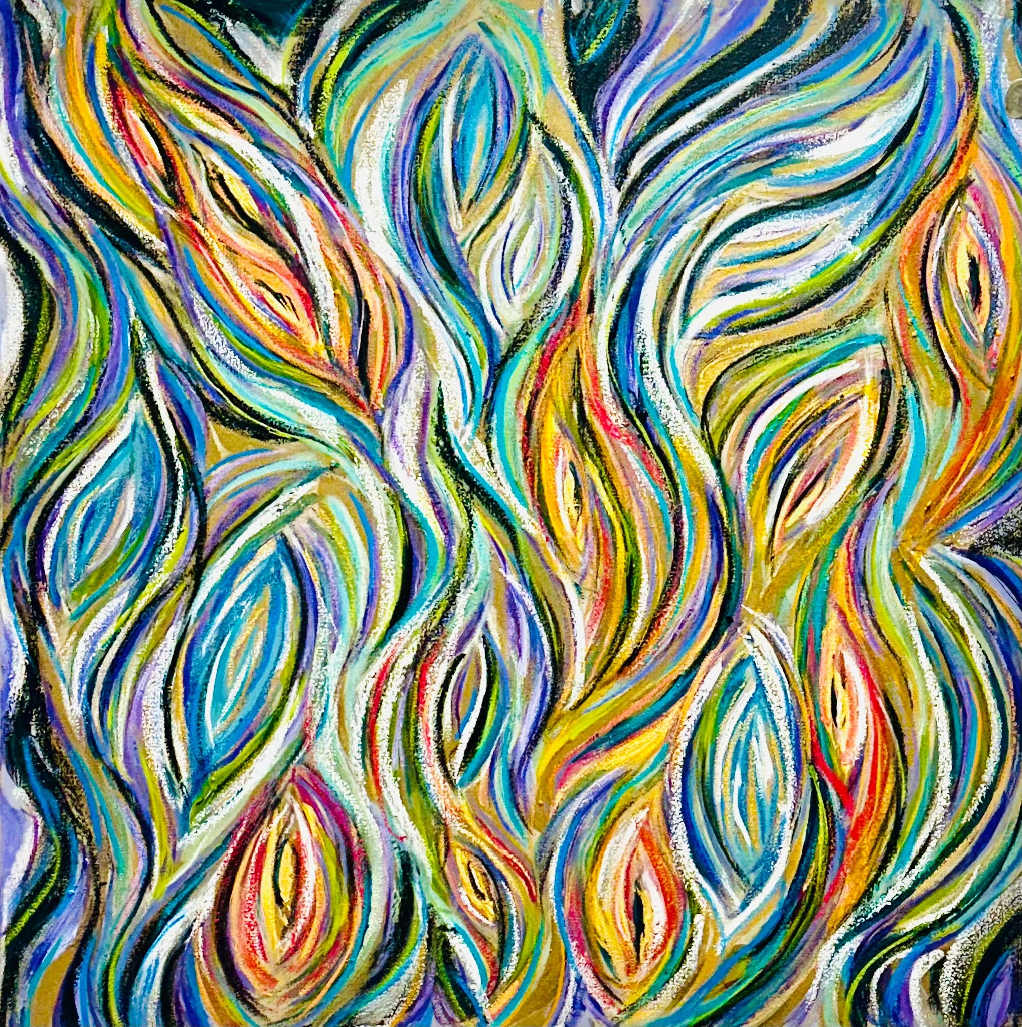 Sirens II, 2023–2025. Pastel, charcoal, acrylic, oil, and oil stick on linen. 40 × 36 in 