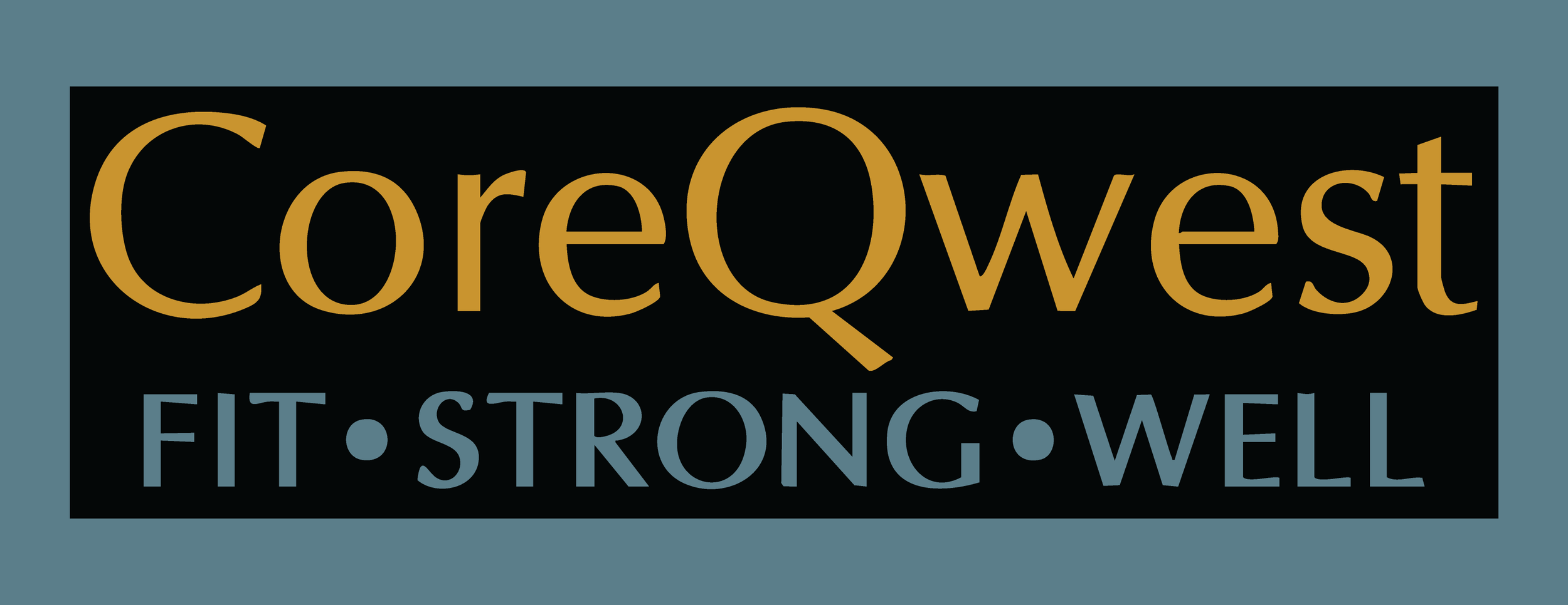 Logo for CoreQwest with the tagline 'Fit Strong Well' in black, gold, and blue colors.