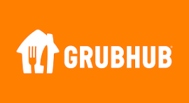 Grubhub logo on orange background, featuring a house and utensils