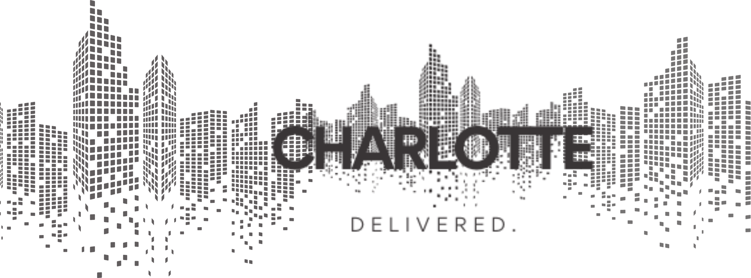 Black and white stylized city skyline made of small squares with the words "CHARLOTTE DELIVERED" in bold across the center.