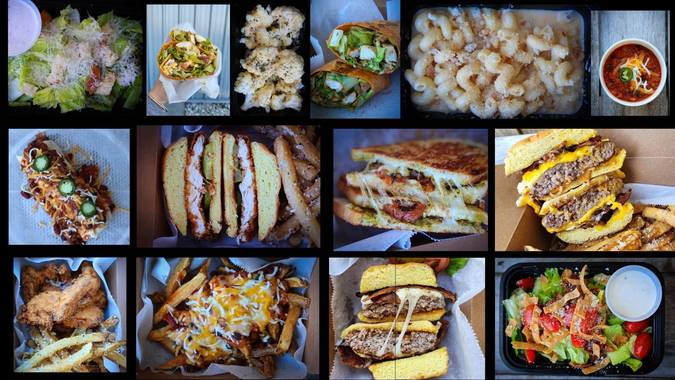 A collage of various fast food dishes including salads, chili, mac and cheese, burgers, wraps, burritos, chicken tenders, sandwiches, roasted cauliflower, and loaded fries.