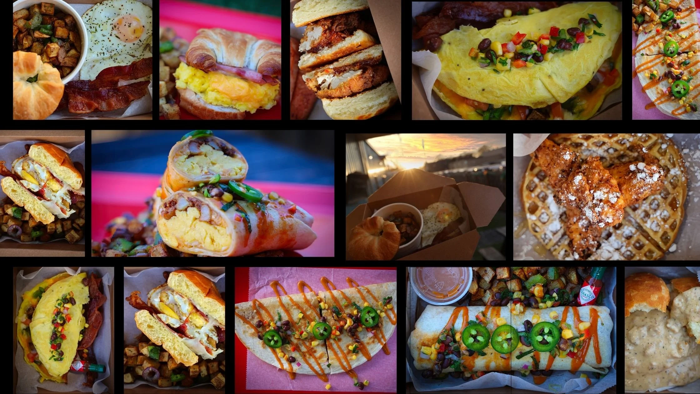 A collage of various foods including breakfast plates, eggs, breakfast sandwiches with bacon, chicken sandwiches, tacos, waffles, a burrito, fried chicken, and other dishes with toppings, sauces, and garnishes.