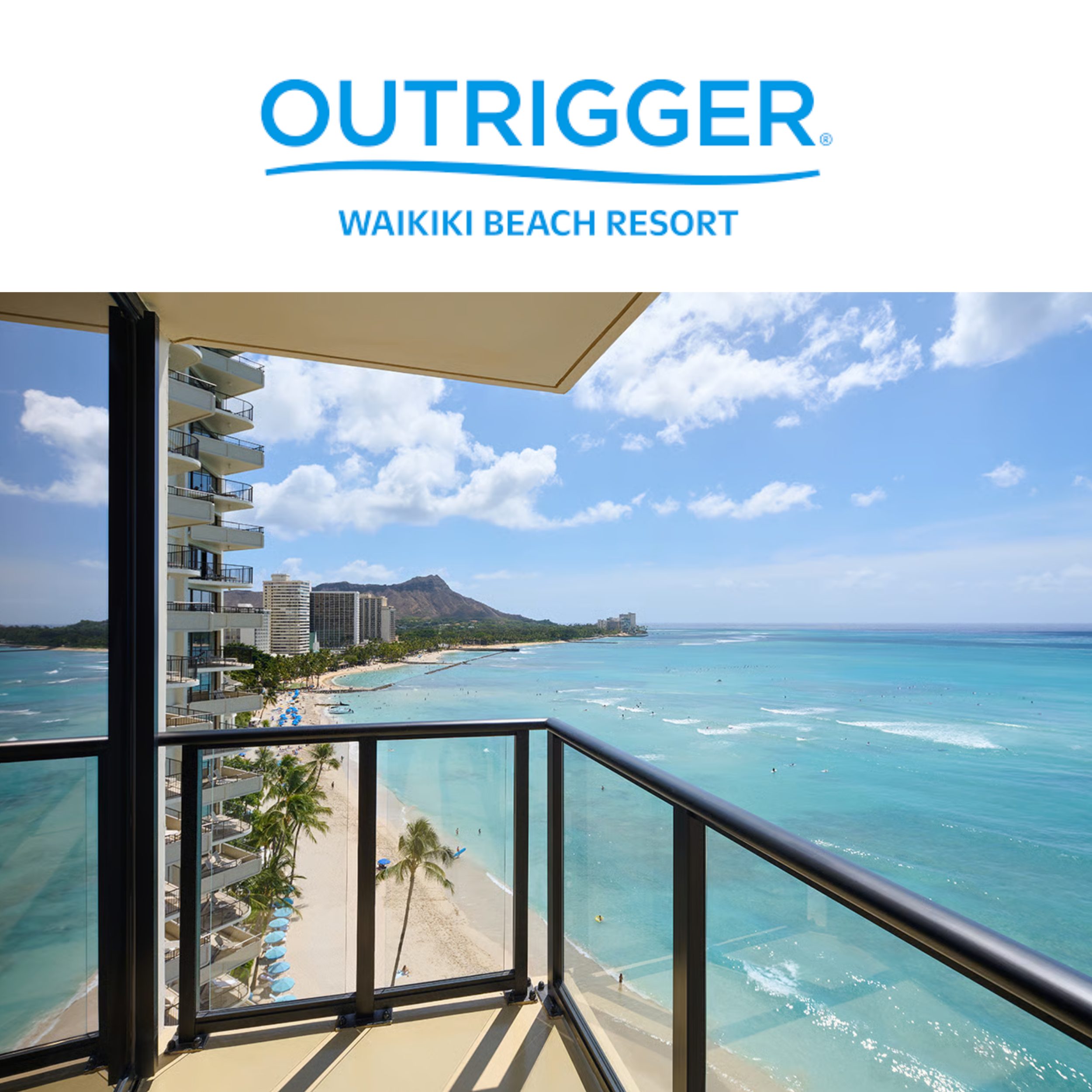 View from a balcony of Waikiki Beach Outrigger Resort with turquoise water, sandy beach, palm trees, and high-rise buildings, with Diamond Head in the background on a sunny day.