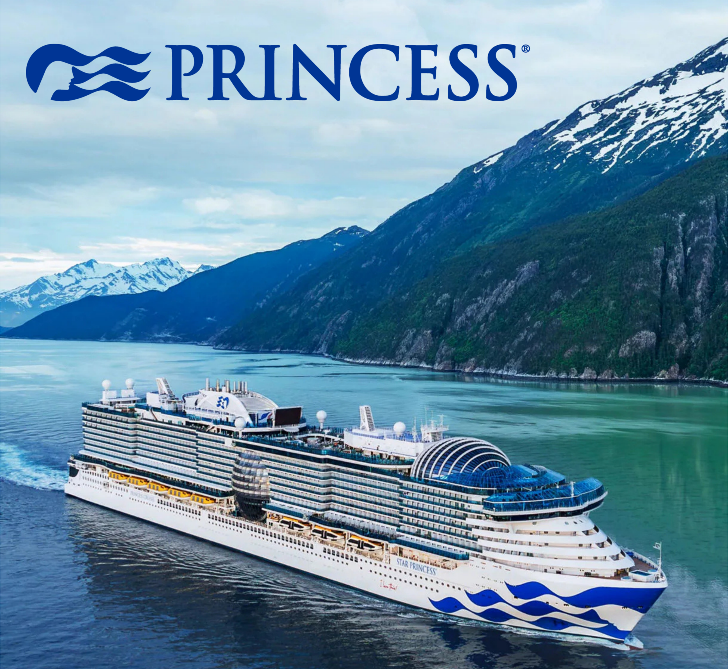 A cruise ship sailing in a fjord with snow-capped mountains in the background and the Princess Cruises logo at the top.