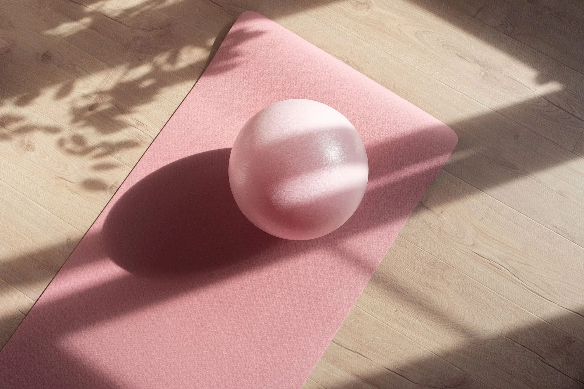 A pink exercise mat with a white yoga ball on top, placed on a wooden floor with sunlight and shadows.