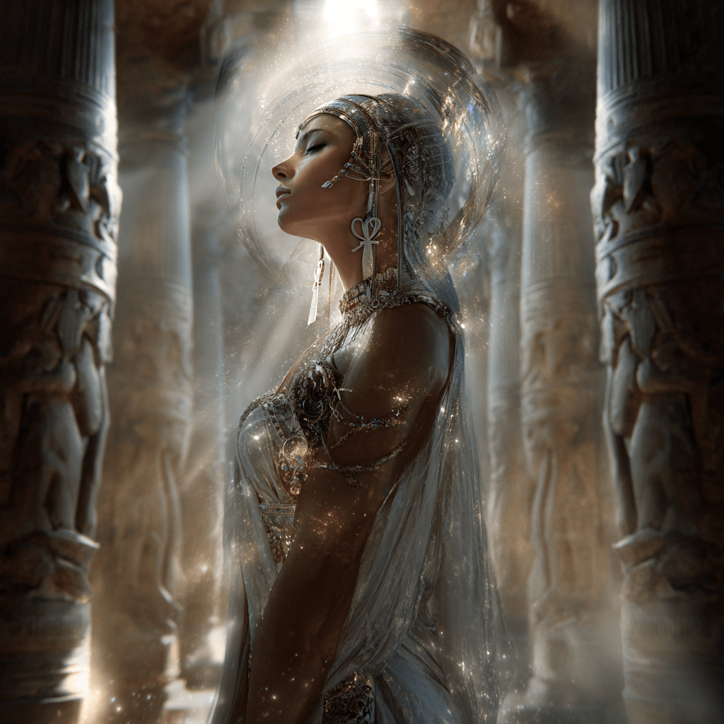 A woman dressed in elaborate Egyptian-style jewelry and headdress with a galaxy-like glow around her, standing between ancient stone pillars.