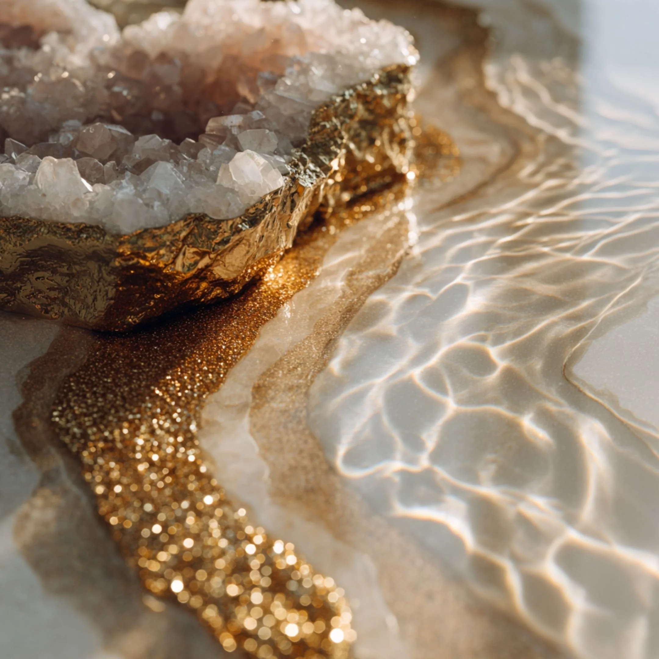 Side profile of a woman with closed eyes and a sparkling, cosmic-like overlay blending into her face and hair, creating a futuristic and ethereal appearance.