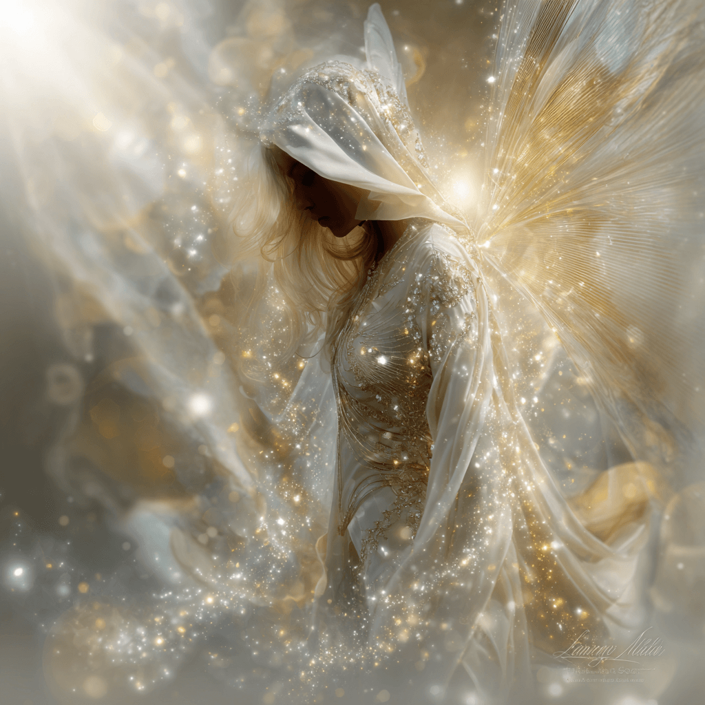 A woman dressed in an elegant, flowing silk gown with a large, elaborate hood, surrounded by golden and white sparkling light effects, creating a magical, ethereal atmosphere.