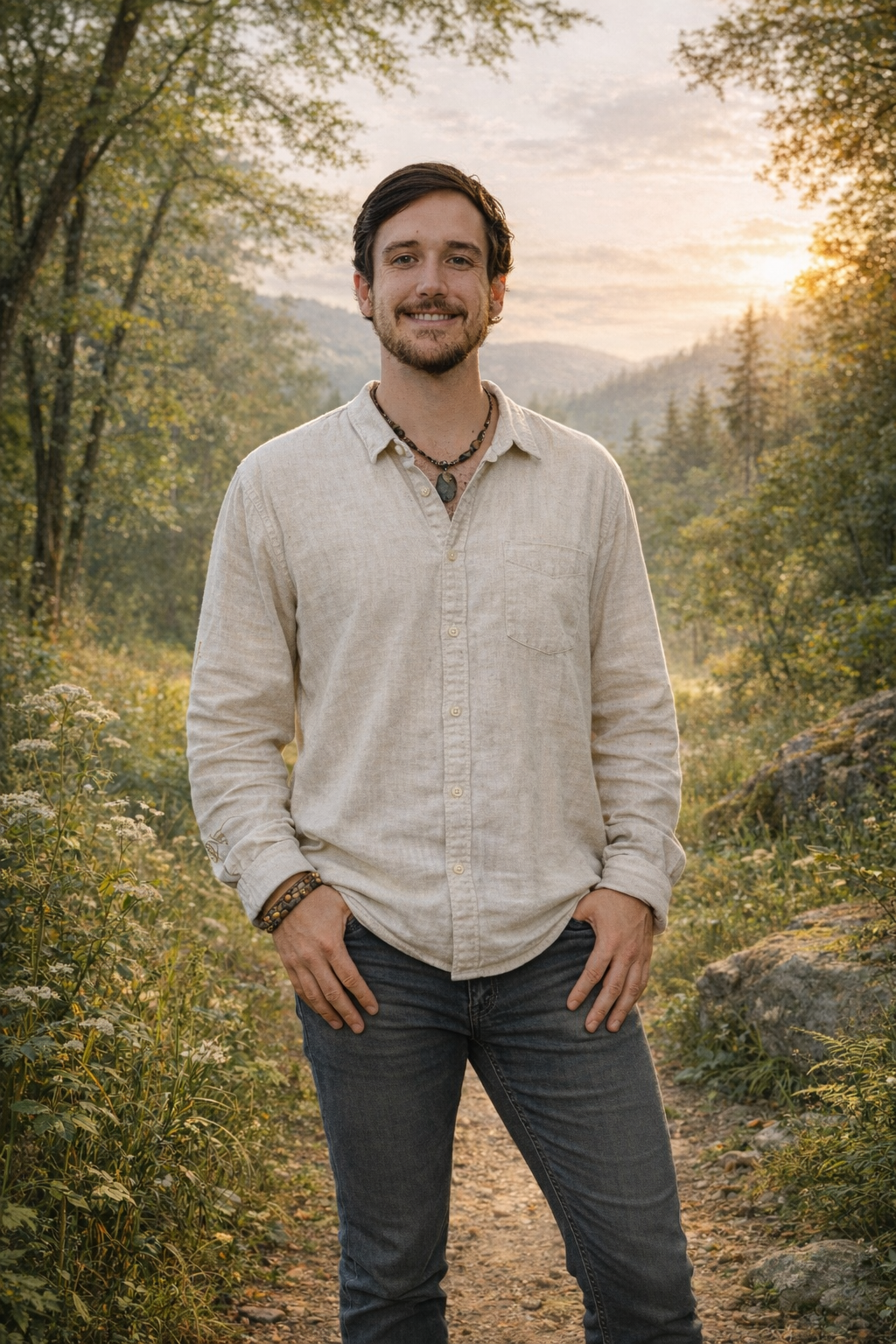A young man standing outdoors on a forest trail during sunset, smiling and wearing a light-colored button-up shirt, jeans, and a beaded necklace.