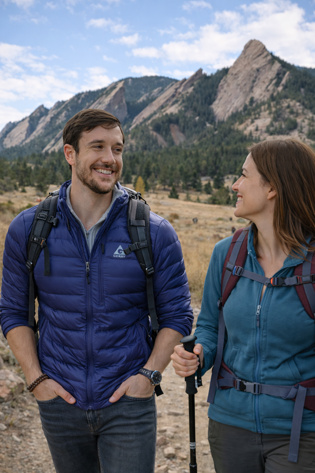 A man and woman smiling at each other while hiking outdoors in a mountainous area