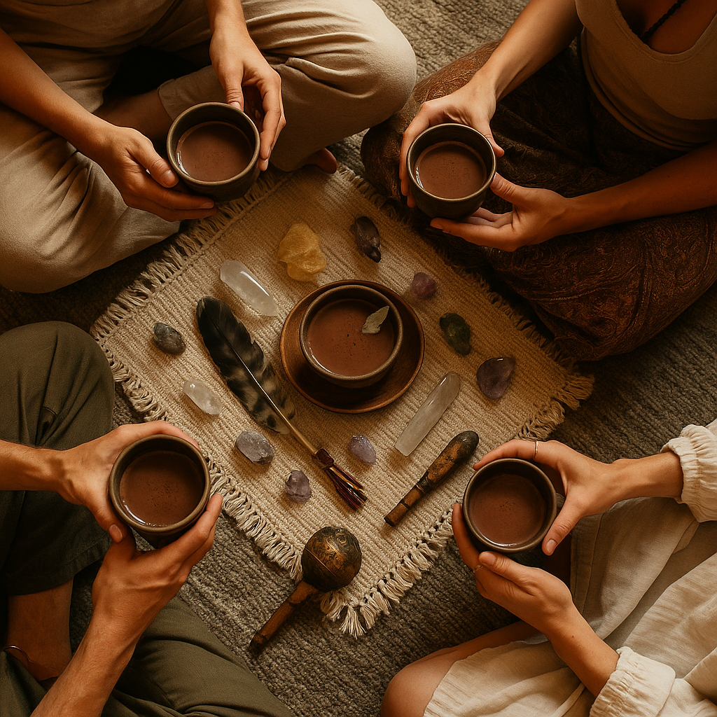 Four people sitting cross-legged around a small cloth on the floor, holding cups of hot chocolate, with crystals, feathers, and stones arranged on the cloth.