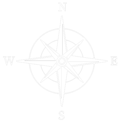 A black and white compass rose with four main directions: North, South, East, and West.