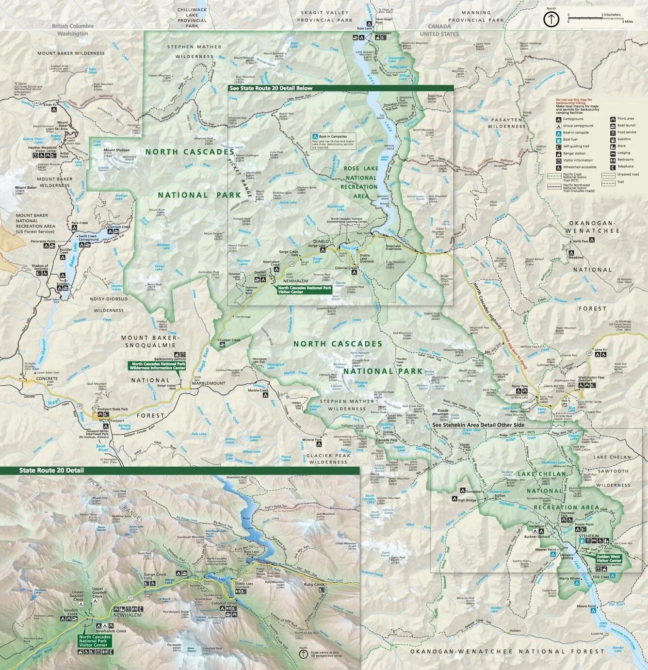 Map of North Cascades National Park and surrounding areas, showing trails, campgrounds, lakes, and visitor centers.