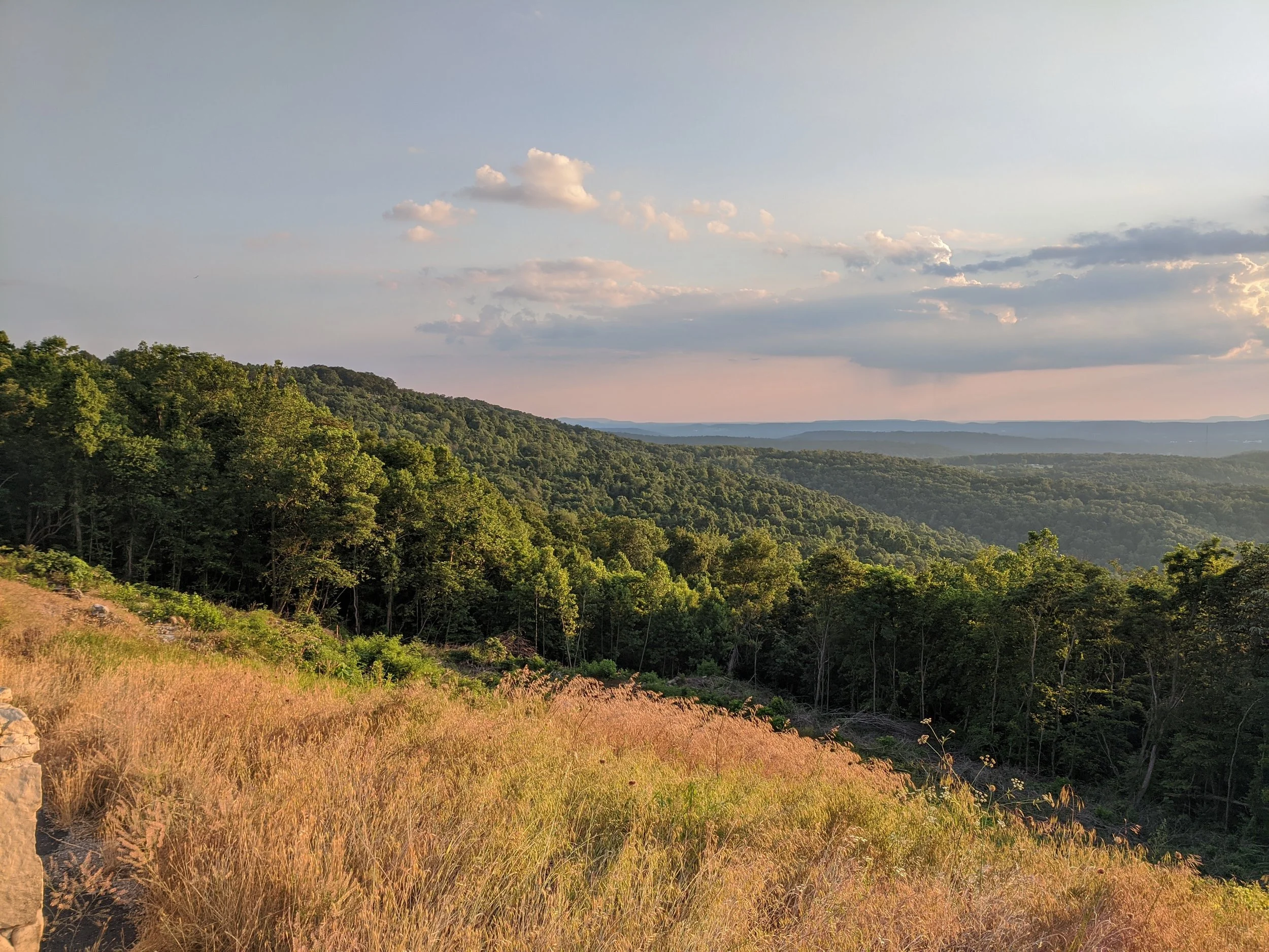 A scenic view of rolling hills filled with lush green trees under a sky with scattered clouds during sunset.