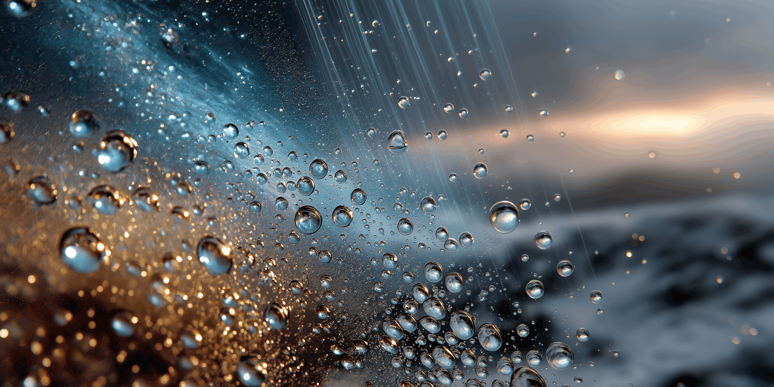 Close up of water droplets on a smooth surface with a soft sky and water blur behind it, serving as an atmospheric visual for By Goldenburg’s exterior wash services.