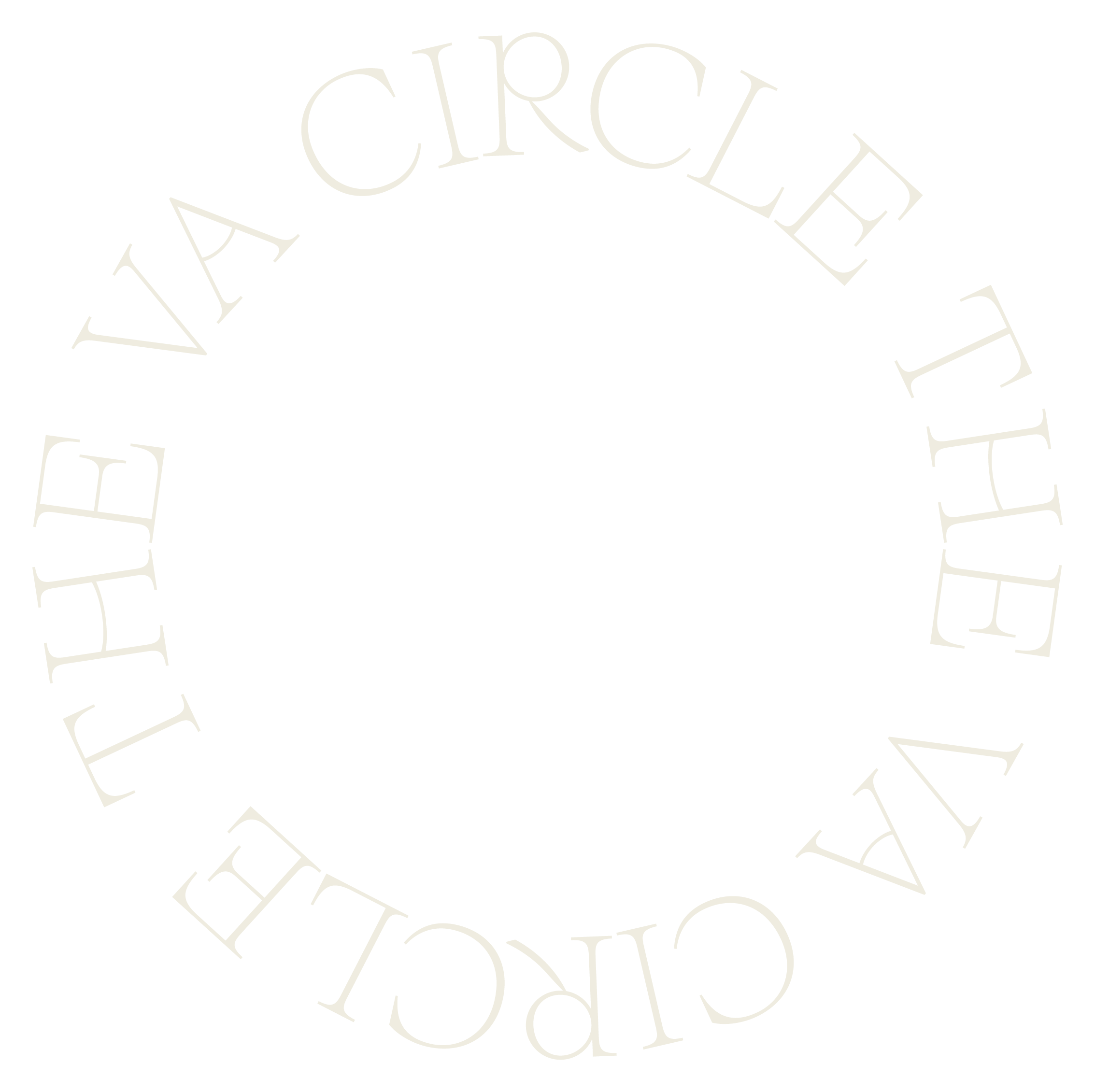 Circular text reading 'VIA CIRCLE THE' on a black background.