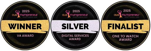 Three circular award badges from the 2025 AUS Mumpreneur awards. The first badge is gold with the text 'WINNER VA AWARD,' the second is silver with the text 'SILVER DIGITAL SERVICES AWARD,' and the third is gold with the text 'FINALIST ONE TO WATCH AWARD.'