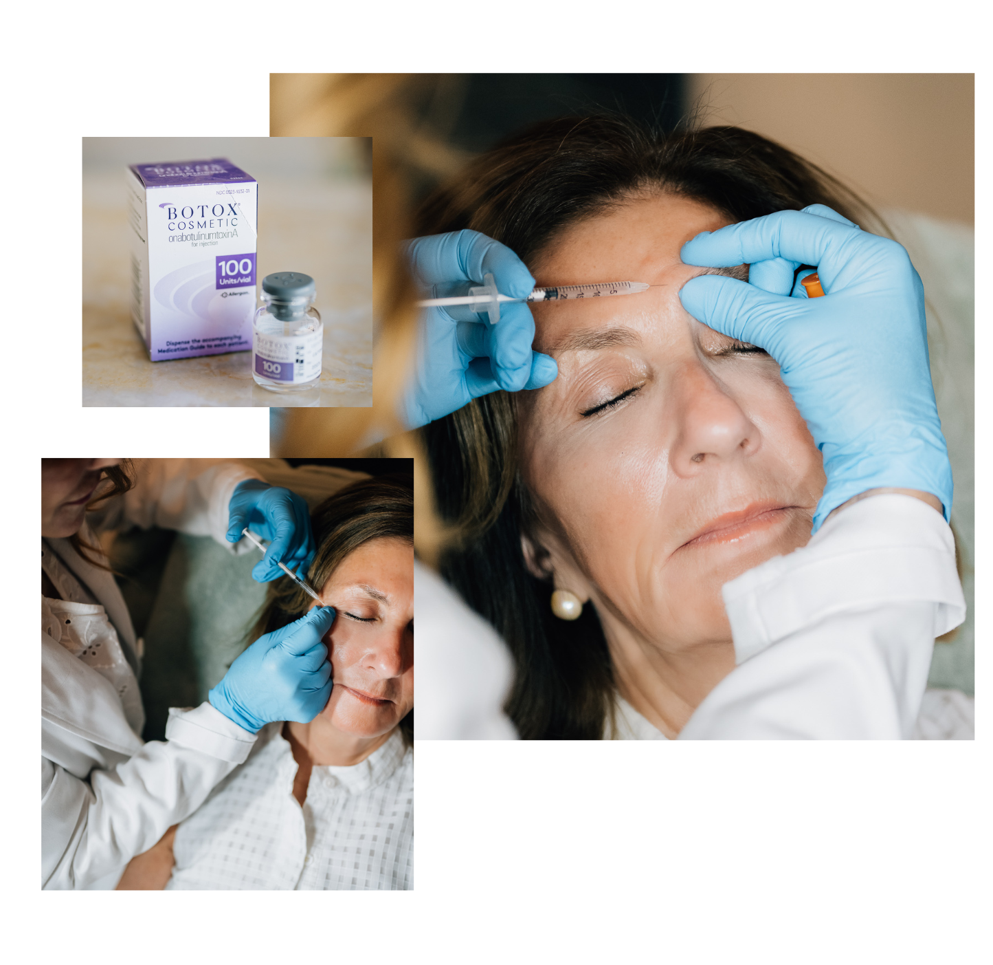 A woman receives a cosmetic Botox injection to her forehead from a healthcare professional wearing blue gloves. She is lying with her eyes closed. Inset images show a Botox vial and a healthcare professional administering the injection, with the patient in a clinical setting.
