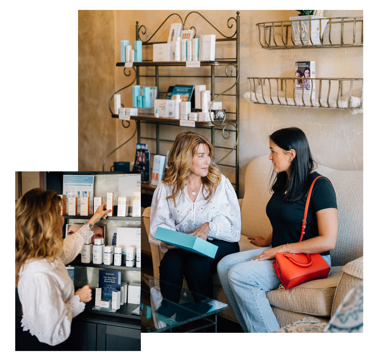 A woman helping a customer with skincare products during a consultation at a spa or beauty clinic.