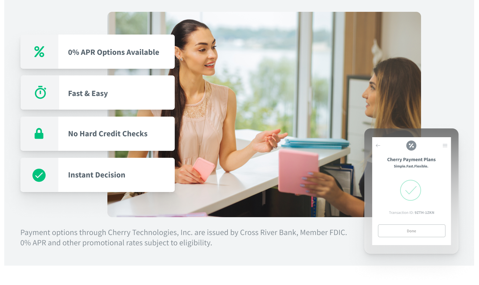 Two women at a reception desk, one holding a pink phone and the other holding a pink folder, with a screen displaying a payment plan confirmation from Cherry Technologies in the foreground. The overlay text promotes payment options with 0% APR, quick approval, and no hard credit checks.