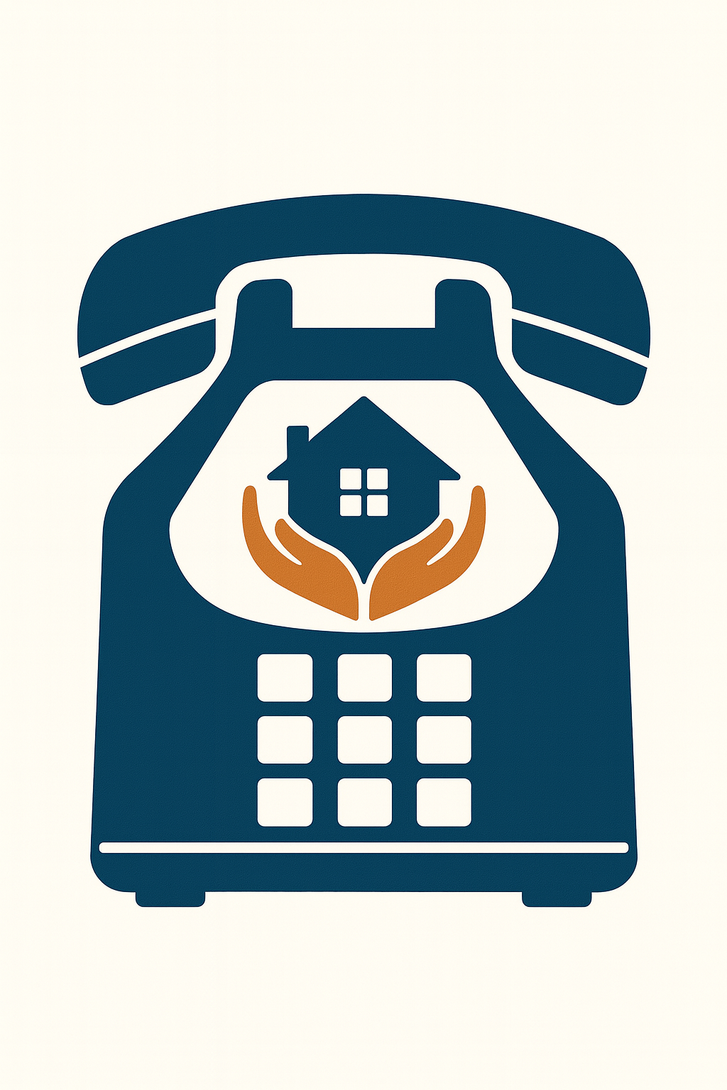 Graphic of a rotary phone with a house and hands icon in the center.
