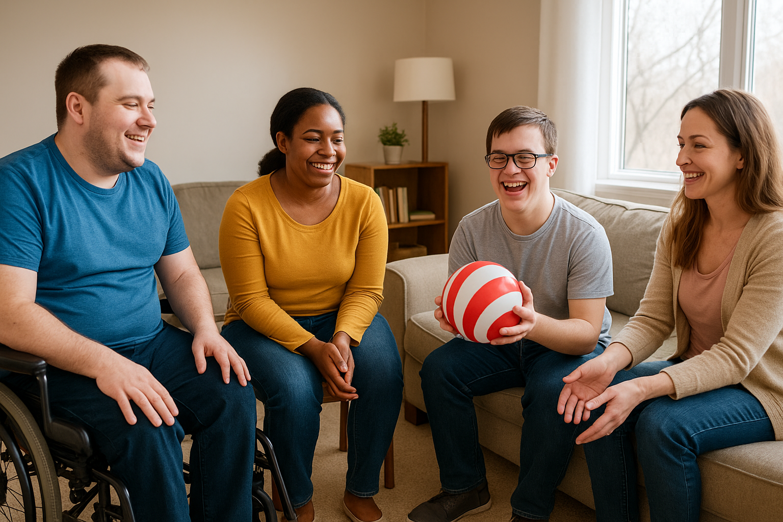 Four people sitting on a couch in a living room, smiling and playing with a red and white striped ball.