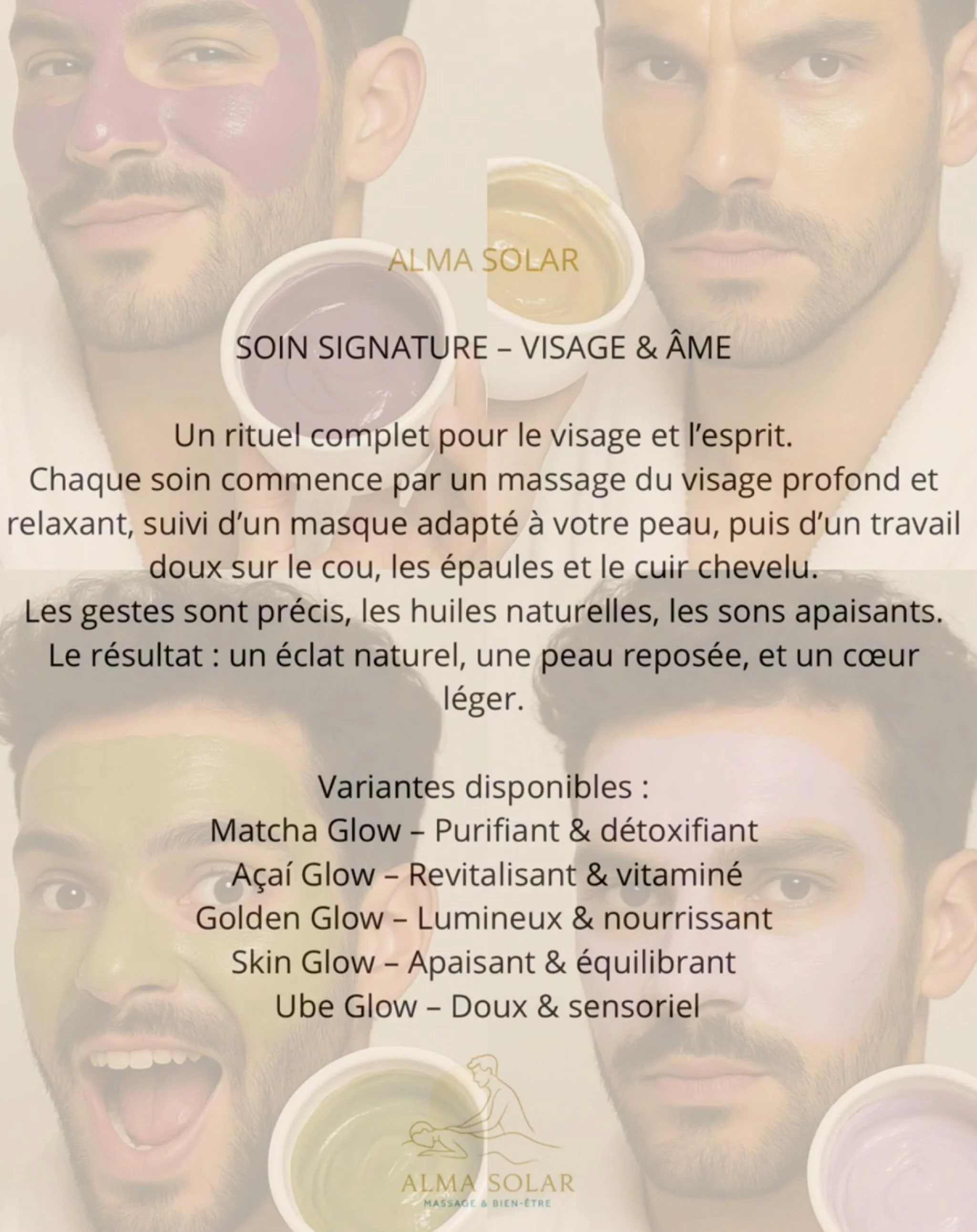 Et pour c&eacute;l&eacute;brer cette nouveaut&eacute;, voici les masques Glow, une v&eacute;ritable signature de l&rsquo;univers Alma Solar :
🌸 Skin Glow &ndash; &eacute;clat naturel, douceur et puret&eacute;
🌿 Matcha Glow &ndash; fra&icirc;cheur v