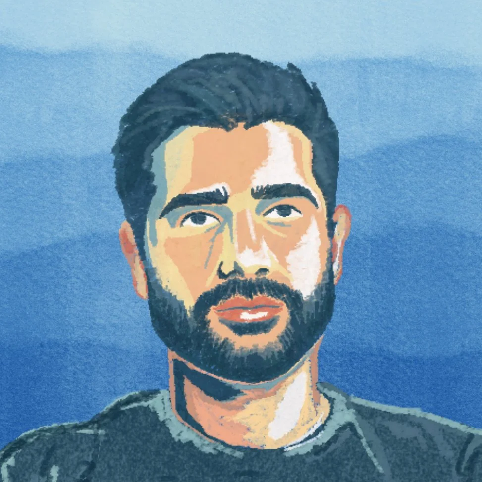Digital illustration of a man with dark hair and beard, looking upward against a blue background.