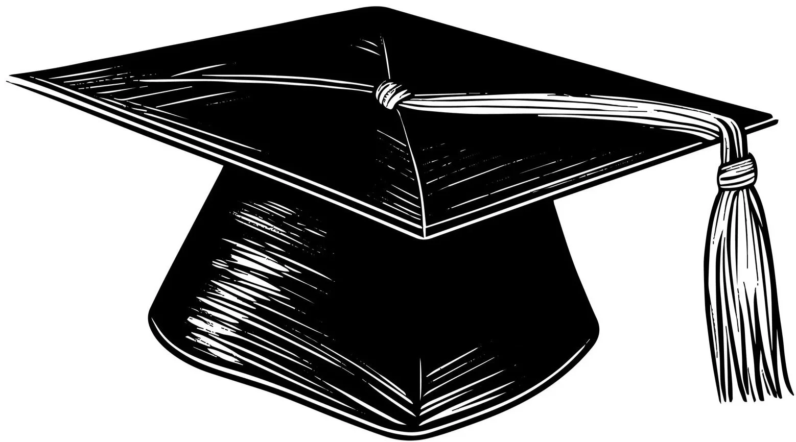 A black and white illustration of a graduation cap, also known as a mortarboard, with a tassel hanging from its corner.