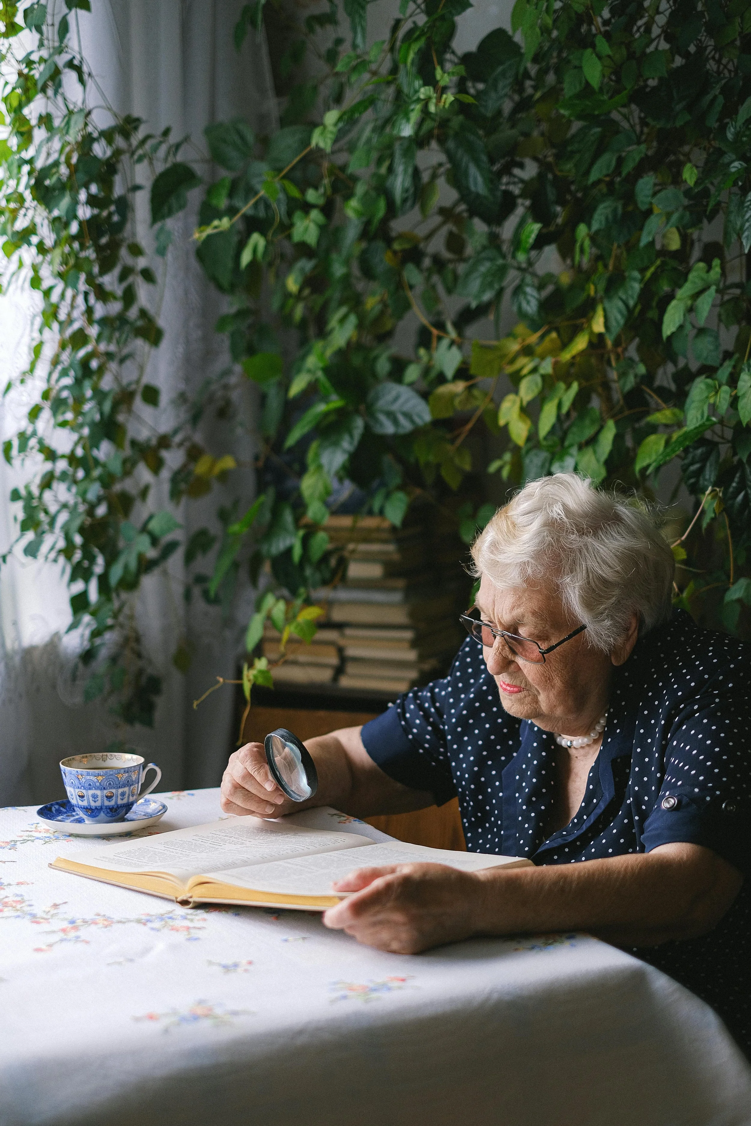 An elderly woman with glasses and a pearl necklace, wearing a navy polka dot shirt, examines a book with a magnifying glass at a table. There is a colorful teacup on a saucer and a large leafy green plant in the background.